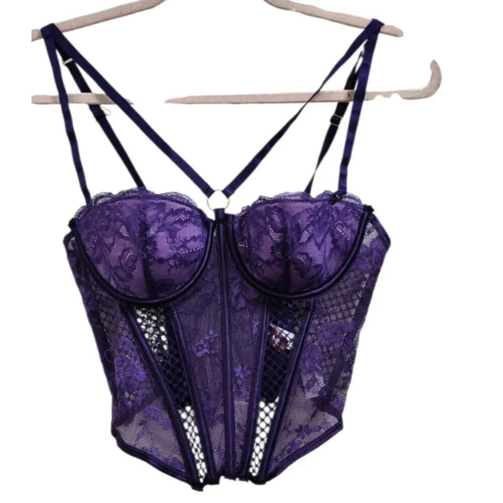 Adore Me Purple Lace Corset Bustier 36B Underwire Sheer Mesh Lingerie Top NWT